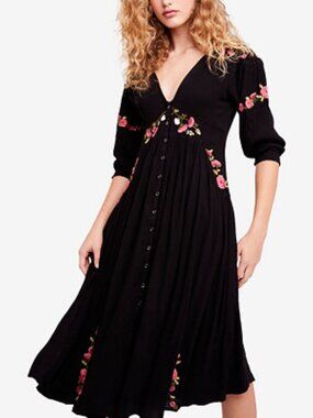Free People Embroidered Fable Midi Dress Size Medium Boho Whimsigoth Black